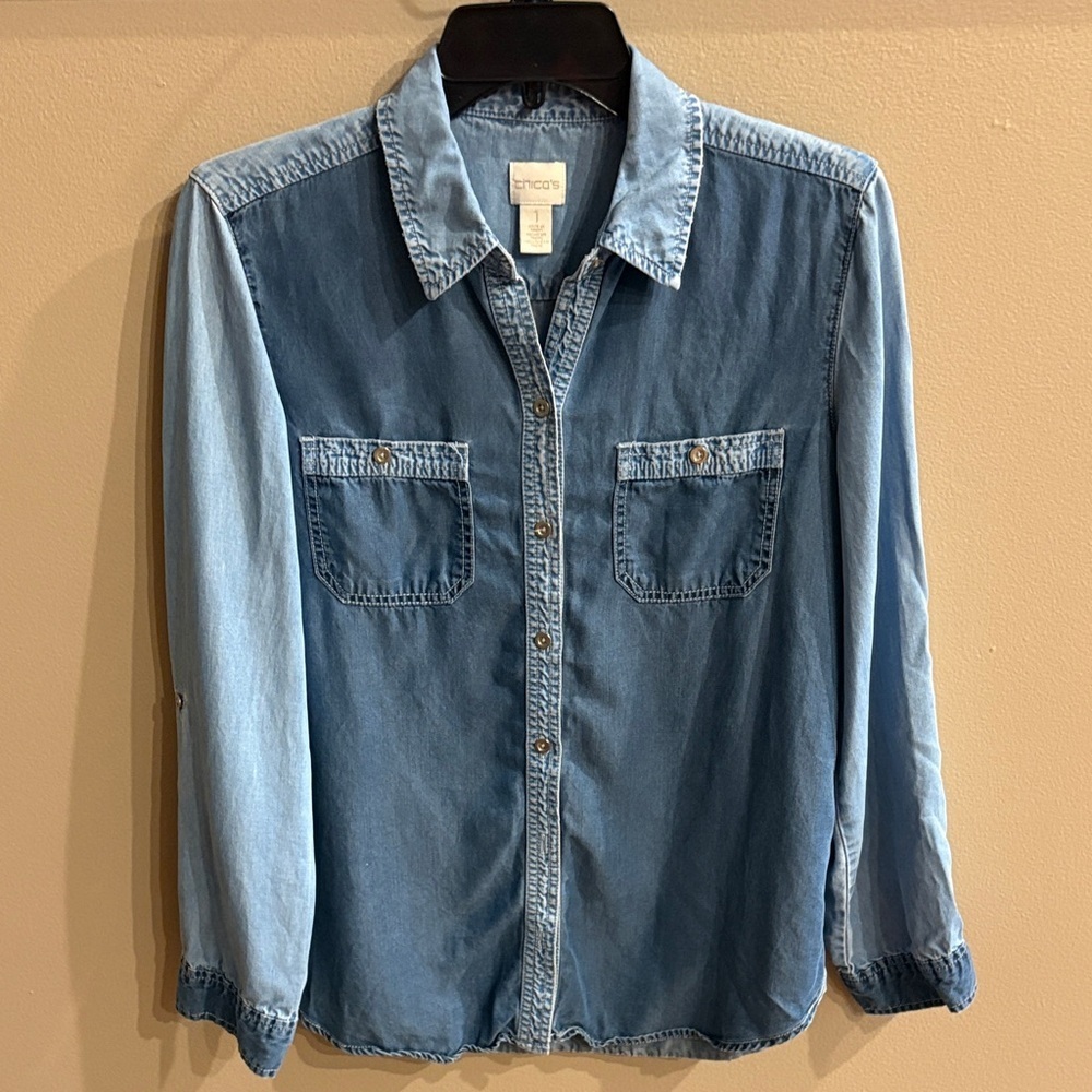 Chico's chambray denim Blue Casual Button Down Shirt tencel fabric long sleeves